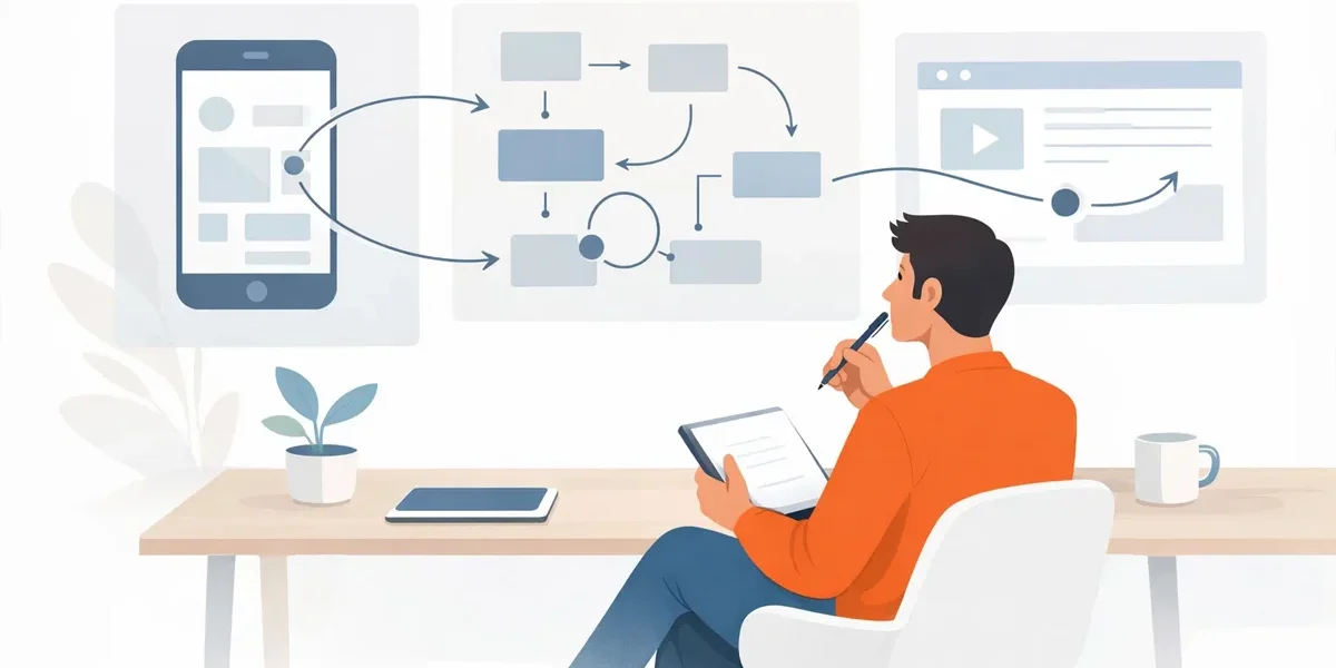 Ilustração de especialista em design analisando tendências de animação em telas digitais de forma reflexiva e analítica.