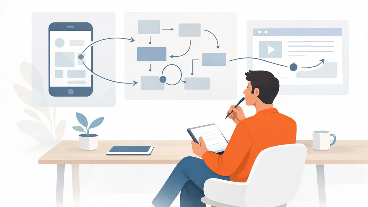 Ilustração de especialista em design analisando tendências de animação em telas digitais de forma reflexiva e analítica.