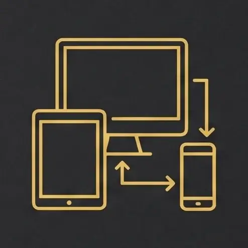 Ícone de fluxograma conectando diferentes dispositivos, representando design de experiência do usuário (UX) e interface (UI) multicanal.