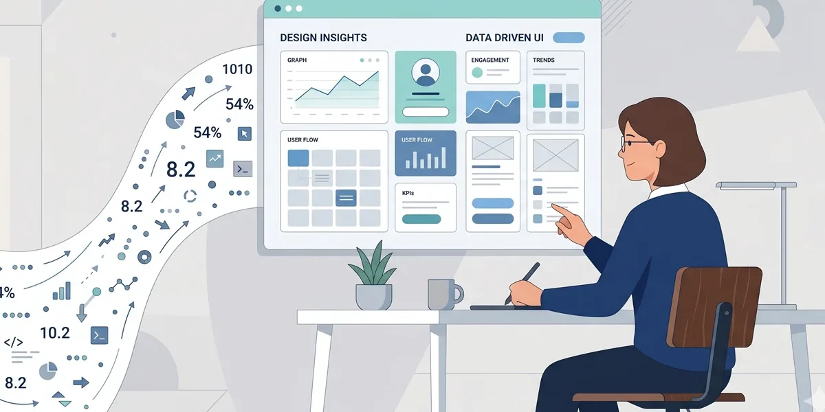 Ilustração minimalista mostrando a conexão entre o comportamento humano e o design de interfaces digitais organizadas.