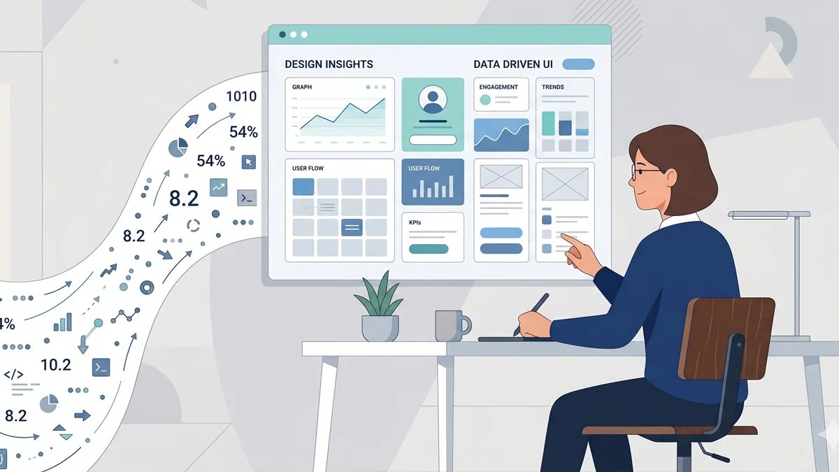 Ilustração minimalista mostrando a conexão entre o comportamento humano e o design de interfaces digitais organizadas.