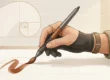 Ilustração minimalista mostrando a fusão entre ferramentas digitais e artes clássicas através de uma mão que segura um pincel-stylus