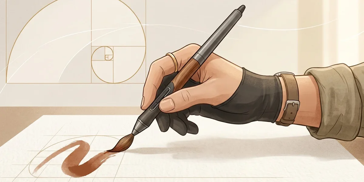 Ilustração minimalista mostrando a fusão entre ferramentas digitais e artes clássicas através de uma mão que segura um pincel-stylus