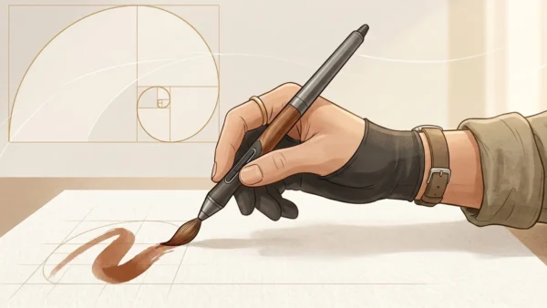 Ilustração minimalista mostrando a fusão entre ferramentas digitais e artes clássicas através de uma mão que segura um pincel-stylus