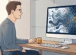 Ilustração de designer analisando transformação digital e evolução de imagens por inteligência artificial em ambiente moderno.