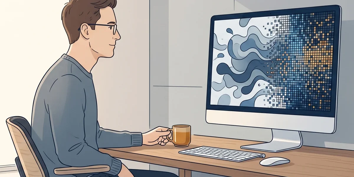 Ilustração de designer analisando transformação digital e evolução de imagens por inteligência artificial em ambiente moderno.