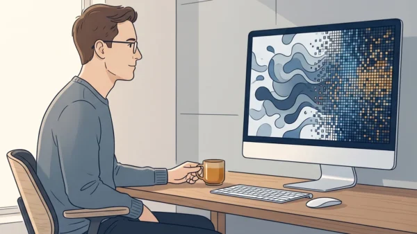 Ilustração de designer analisando transformação digital e evolução de imagens por inteligência artificial em ambiente moderno.