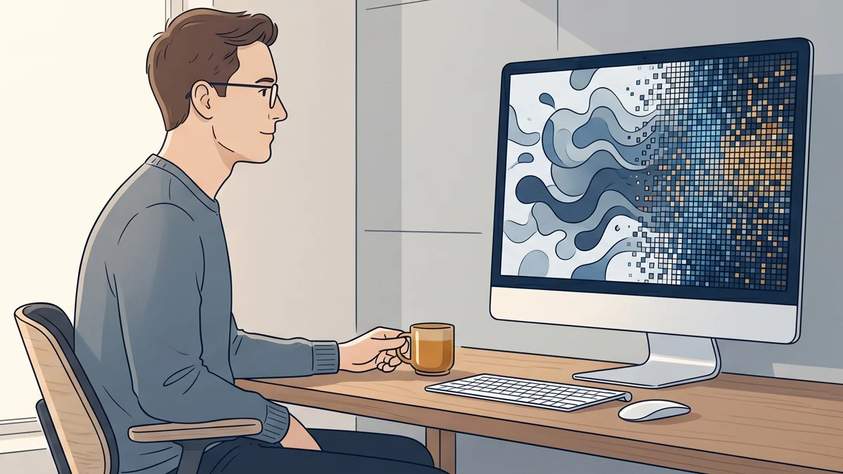 Ilustração de designer analisando transformação digital e evolução de imagens por inteligência artificial em ambiente moderno.