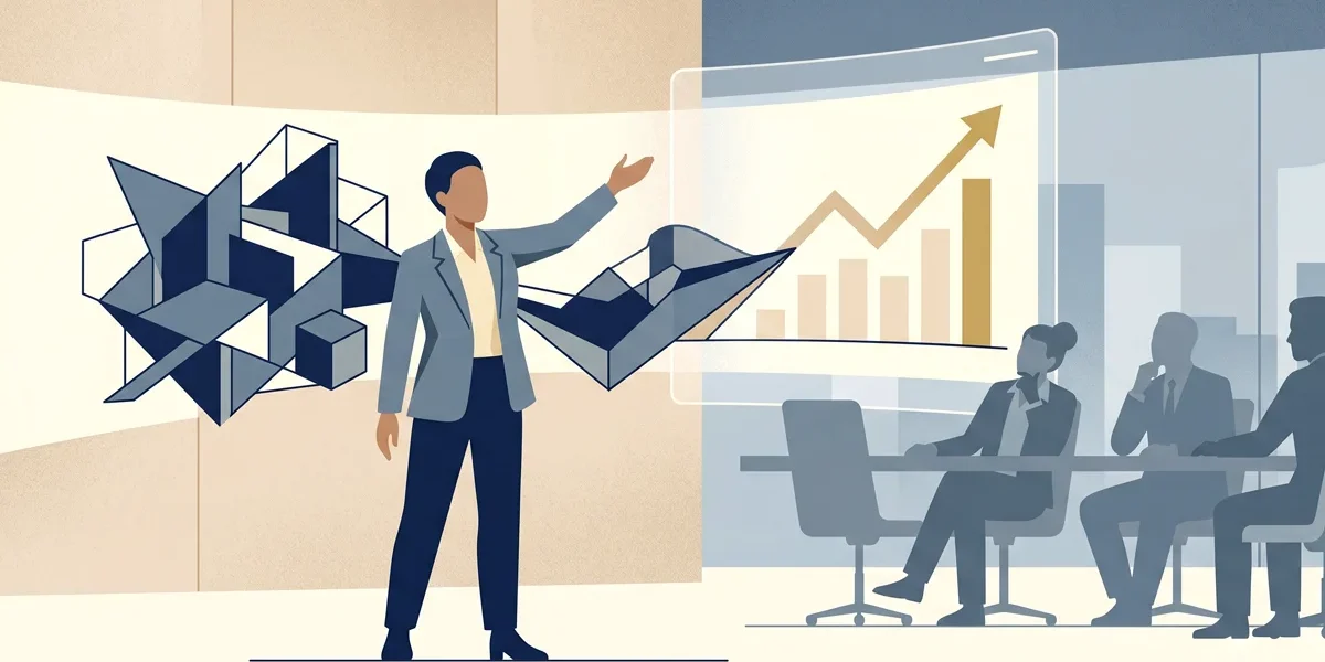 Ilustração minimalista mostrando um profissional conectando formas geométricas a gráficos de crescimento em uma reunião de negócios.