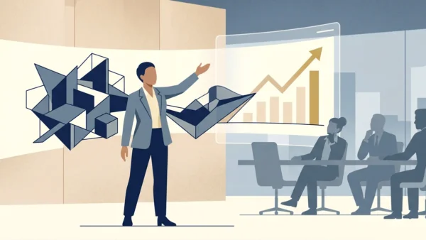 Ilustração minimalista mostrando um profissional conectando formas geométricas a gráficos de crescimento em uma reunião de negócios.