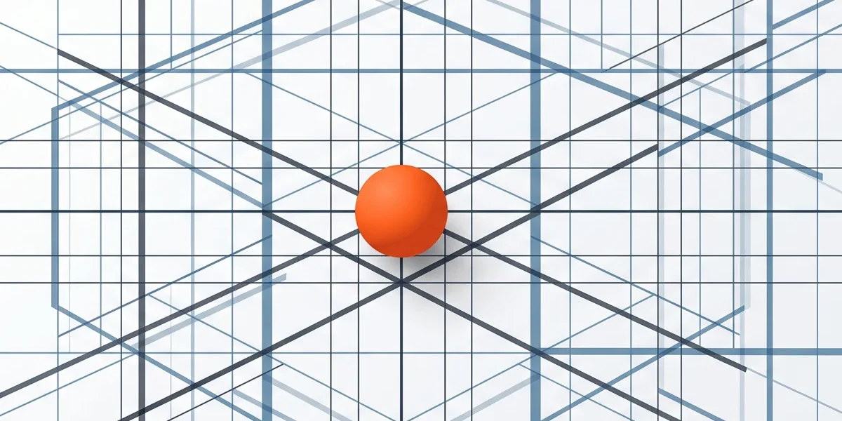 Ilustração geométrica abstrata mostrando linhas finas de um grid com uma esfera laranja destacando o equilíbrio óptico.