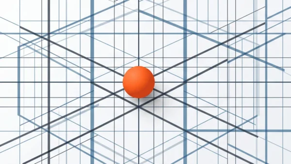 Ilustração geométrica abstrata mostrando linhas finas de um grid com uma esfera laranja destacando o equilíbrio óptico.