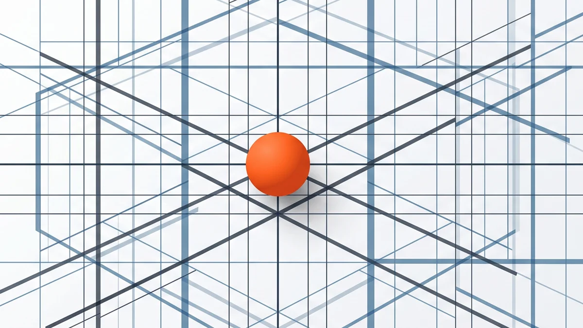 Ilustração geométrica abstrata mostrando linhas finas de um grid com uma esfera laranja destacando o equilíbrio óptico.