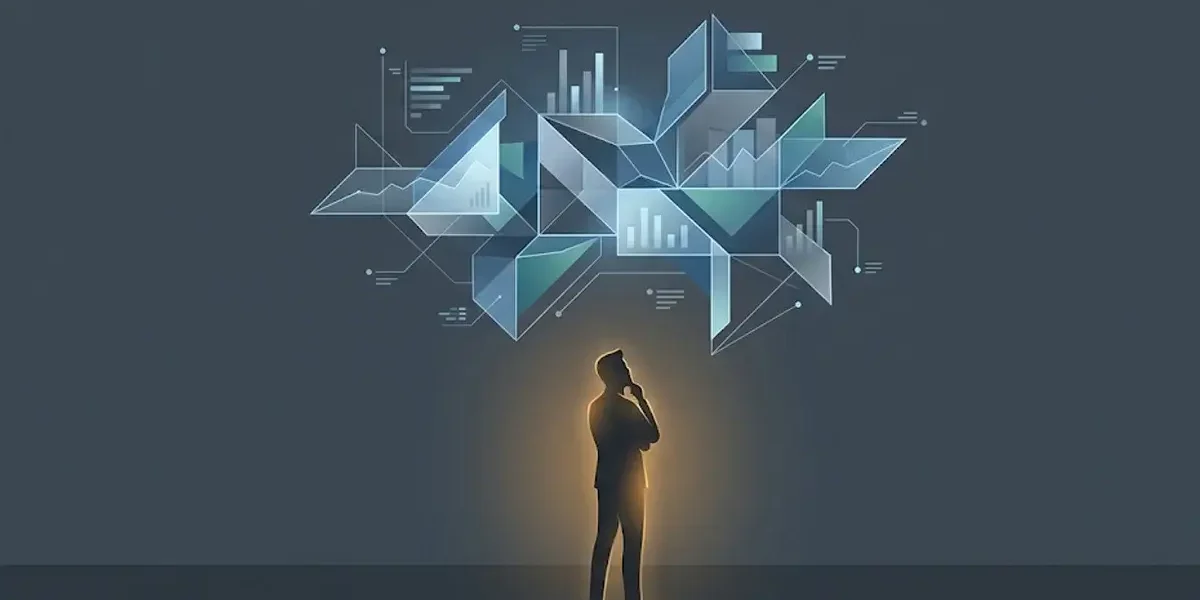 Ilustração minimalista mostrando a silhueta de uma pessoa observando gráficos complexos, representando o fator humano no design.