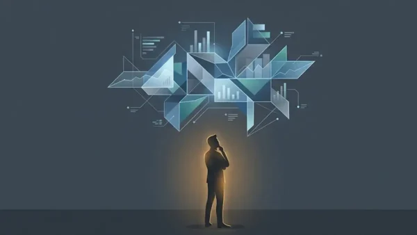 Ilustração minimalista mostrando a silhueta de uma pessoa observando gráficos complexos, representando o fator humano no design.