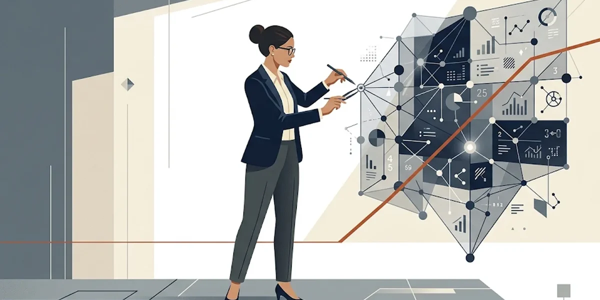 Ilustração minimalista de um profissional a ajustar uma malha de dados desalinhada, representando o design de interfaces para controlo de erros em IA.