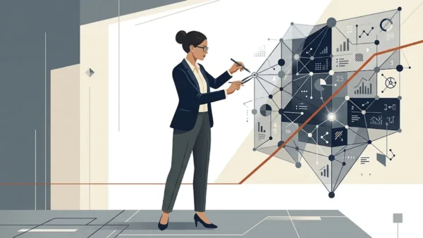 Ilustração minimalista de um profissional a ajustar uma malha de dados desalinhada, representando o design de interfaces para controlo de erros em IA.
