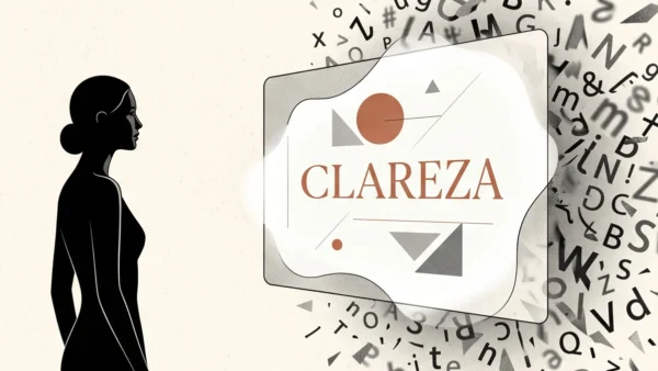 Ilustração editorial minimalista mostrando o contraste entre uma mensagem visual limpa e a fragmentação do ruído textual ao redor.