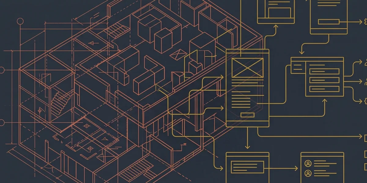 Ilustração estilo editorial representando a sobreposição de plantas arquitetônicas complexas e linhas de interfaces digitais.