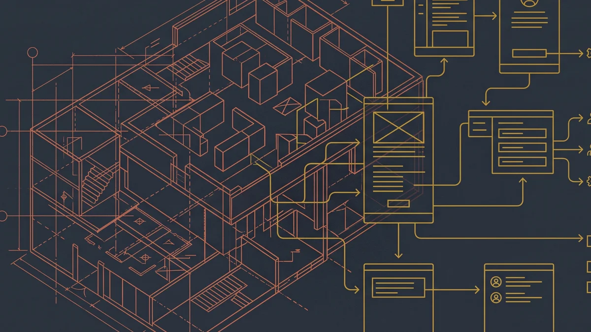 Ilustração estilo editorial representando a sobreposição de plantas arquitetônicas complexas e linhas de interfaces digitais.
