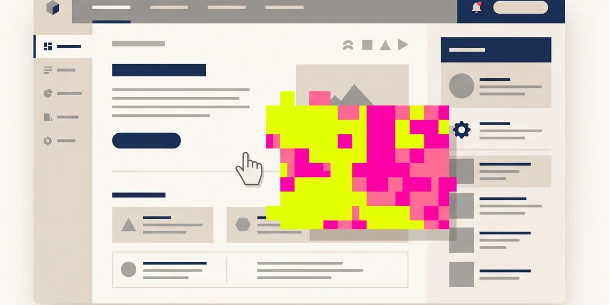 Ilustração minimalista mostrando uma interface sofisticada interrompida por um bloco de cor agressiva.