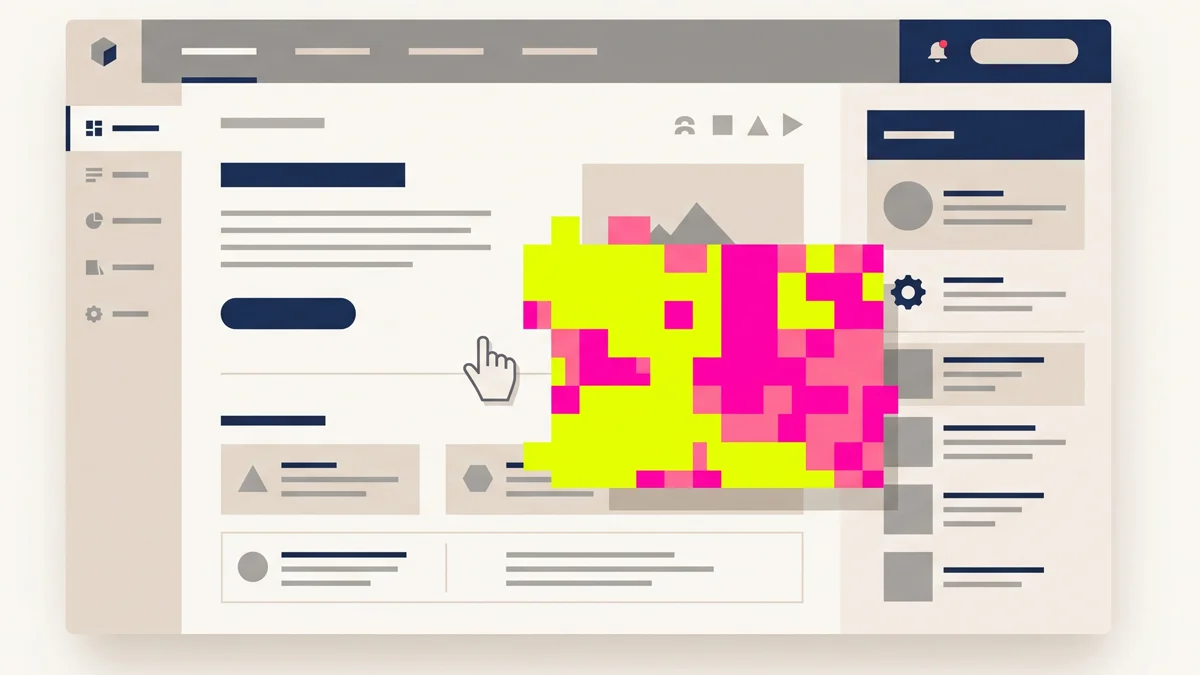 Ilustração minimalista mostrando uma interface sofisticada interrompida por um bloco de cor agressiva.