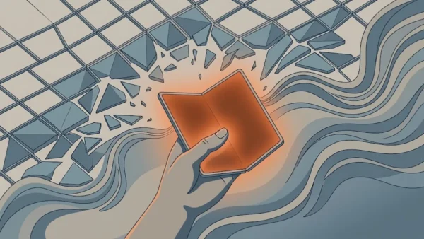 Ilustração minimalista mostrando um grid geométrico rígido se transformando em formas fluidas ao redor de uma tela dobrável.