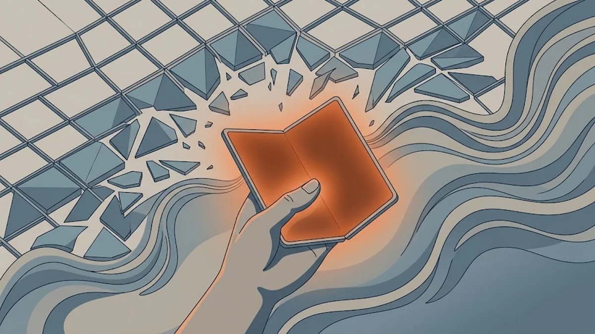 Ilustração minimalista mostrando um grid geométrico rígido se transformando em formas fluidas ao redor de uma tela dobrável.