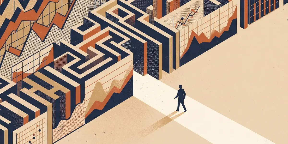 Ilustração editorial de uma pessoa escolhendo um caminho claro ao invés de um labirinto de gráficos confusos.