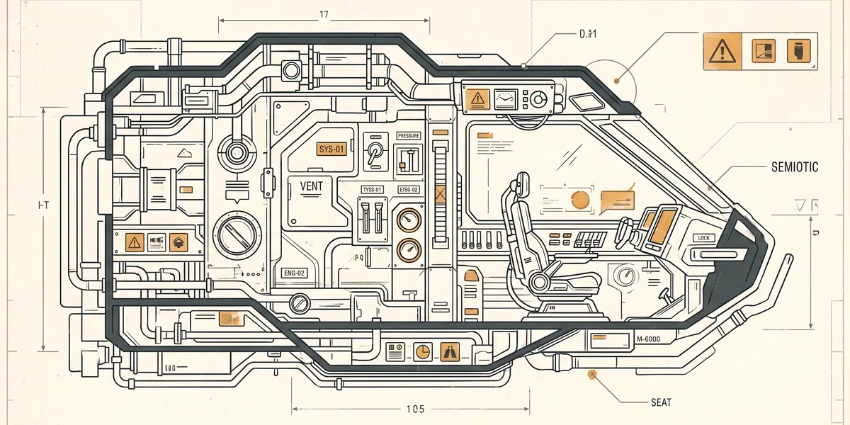 Ilustração esquemática e minimalista inspirada nos painéis industriais e na semiótica espacial de Ron Cobb.