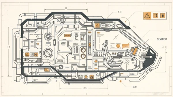 Ilustração esquemática e minimalista inspirada nos painéis industriais e na semiótica espacial de Ron Cobb.